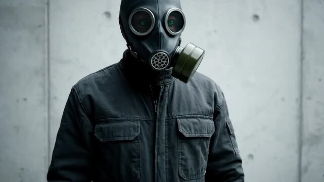 Man in Gas Mask - A person wearing a black gas mask and jacket stands against a concrete wall. The mask has large, round eye lenses and a filter canister attached to the side.