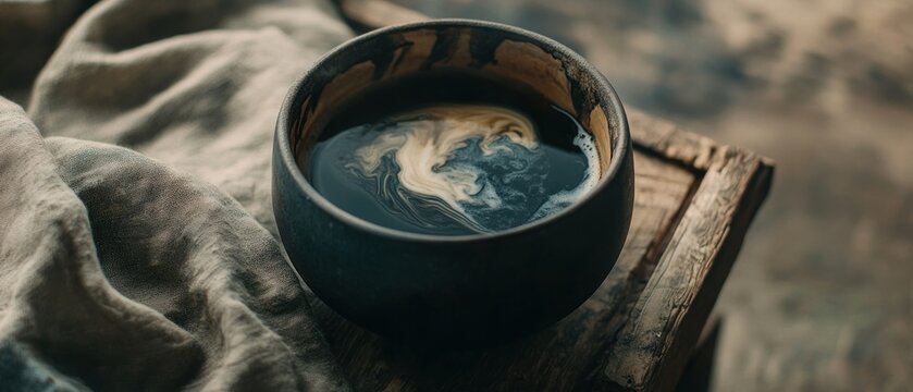 Dark ceramic bowl coffee creamy swirls rustic wooden surface cozy still life - Powered by Adobe