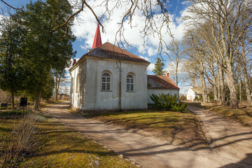 Kandava Lutheran Church Tower Against a Clear Blue Sky in Latvia