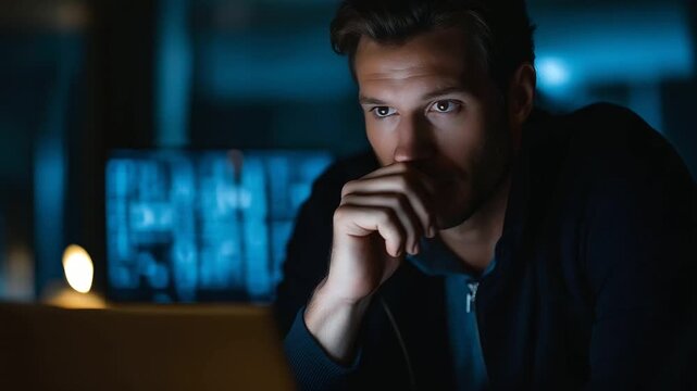 Contemplating Device and Investigator in Workplace with Keying for Study on Incident with Issue Resolution Device Evening and Male Confidential Detective with Monitoring Fairness