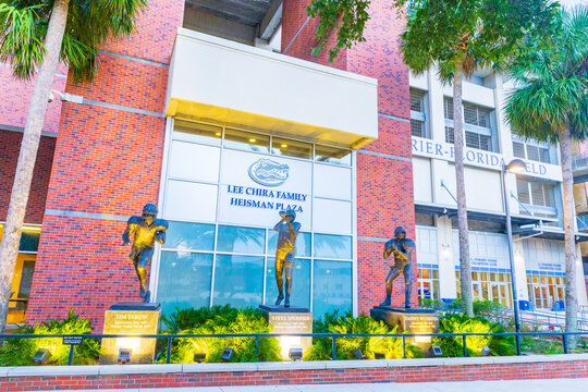 Heisman Plaza at Ben Hill Griffin Stadium on University of Florida campus. Tim Tebow, Steve Spurrier and Danny Wuerffel