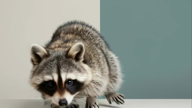 Raccoon sitting then looking around and finally bowing its head in studio footage