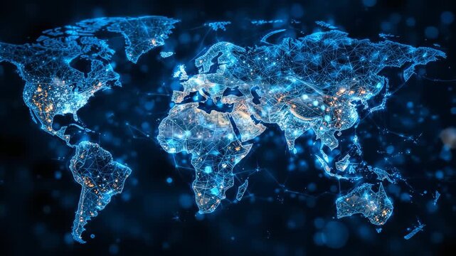 Blue world map with global communication