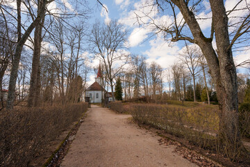 Kandava Lutheran Church Tower Against a Clear Blue Sky in Latvia