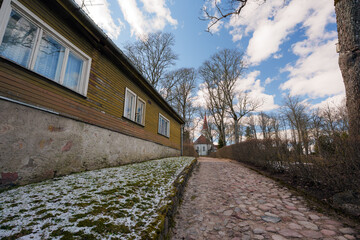 Kandava Lutheran Church Tower Against a Clear Blue Sky in Latvia