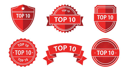 Vector art of collection of six red top 10 badges and labels, representing the best and highestranked items or services
