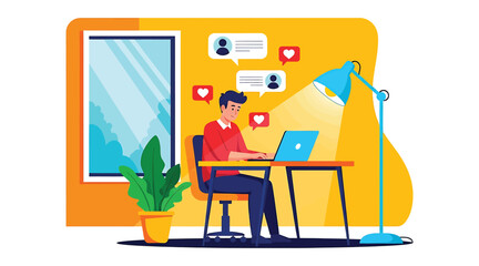 Vector art of man using laptop at desk with social media notifications, working from home, online communication, and staying connected