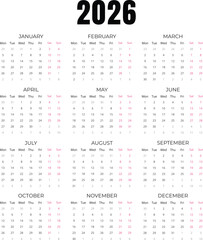 Calendar for 2026 Week Starts Monday, Simple 2026 Calendar design