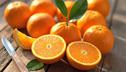 Vibrant still life of fresh oranges on a rustic wooden surface, highlighting citrus fruits