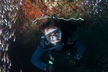 A school of small fish together with a diver in a cave.