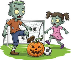 Zombie soccer, cartoon children, Halloween sports, creepy kick, undead play, pumpkin ball, green skin, spooky goal, festive fun, surreal field