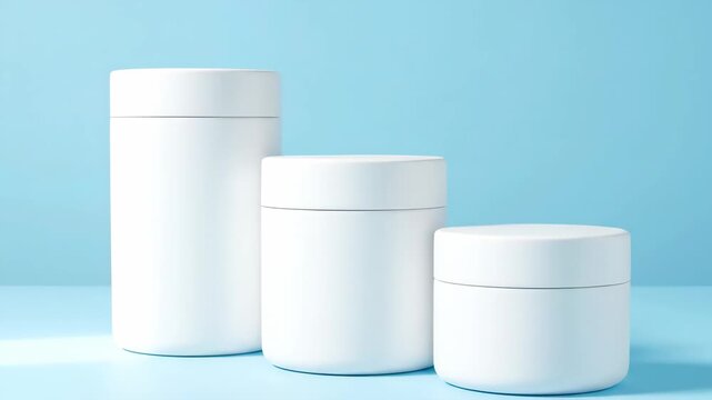 Minimalist White Cosmetic Jars - Three white cylindrical jars of varying sizes stand against a light blue background.