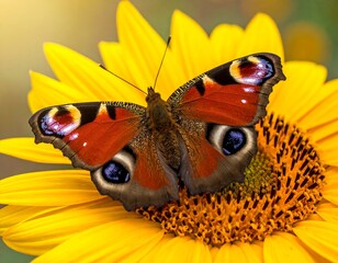 Brightly colored insect resting on yellow sunflower petals in close-up