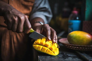 Generative AI image of unrecognizable senior male cook with wrinkled fingers in kitchen while sitting at counter garnishing finely cut ripe yellow mango pieces in plate