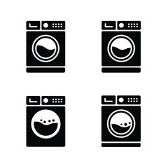 Four simple black icons of washing machines with different load levels for laundry services