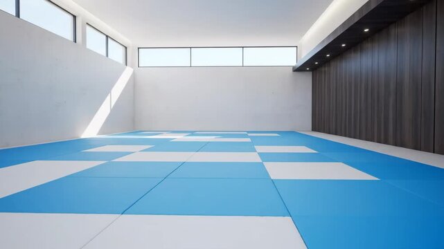 Empty Martial Arts Training Room - Wide angle shot of an empty martial arts training room featuring a blue and white checkered mat floor.