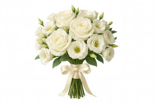 Elegant wedding bouquet featuring white roses and eustoma flowers, arranged with green leaves and a delicate tied ribbon, transparent background