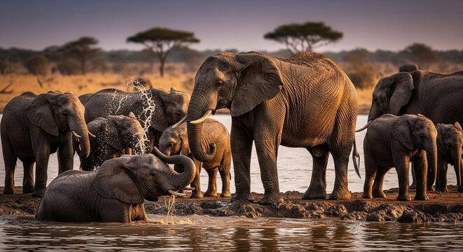 Majestic elephant herd enjoying a refreshing waterhole in the African savanna at golden hour - Powered by Adobe