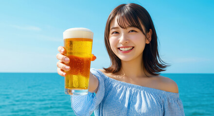 青空を背景に海辺で乾杯する爽やかな若い女性