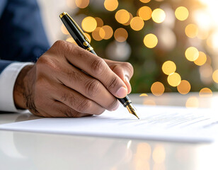 Mano escribiendo con pluma estilográfica elegante sobre documento con luces bokeh doradas