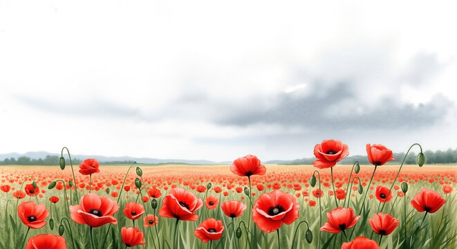 Field of red poppies under cloudy sky in natural landscape  