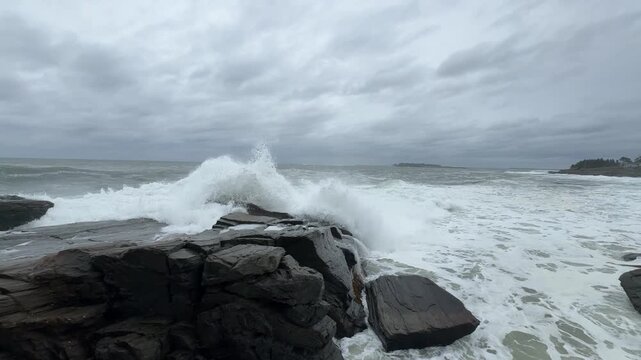 Maine Coast Waves Crashing & Cascading Over Rocks