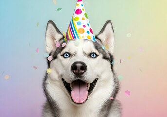 Happy Siberian Husky dog with blue eyes wearing a colorful party hat, celebrating a birthday. Funny pet portrait with falling confetti on a pastel gradient background