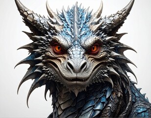 Fierce Blue Dragon Headshot with Intense Orange Eyes Mythical Creature Portrait
