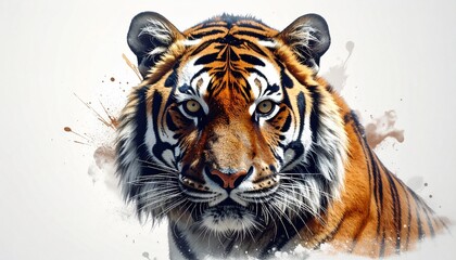 Obraz premium Majestic Tiger Portrait with Watercolor Splashes Powerful Wildlife Art