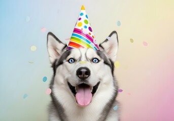 Happy Siberian Husky dog with blue eyes wearing a colorful party hat, celebrating a birthday. Funny pet portrait with falling confetti on a pastel gradient background