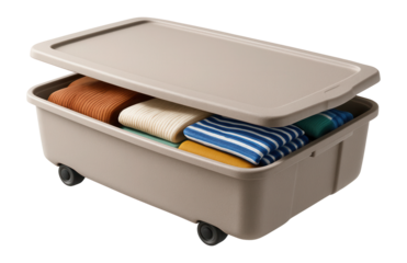 Wheeled under-bed storage bin for organizing seasonal clothing in the bedroom.
