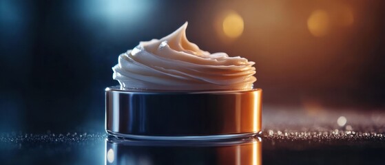Luxurious creamy cosmetic product in elegant jar soft swirling texture warm lighting dark background