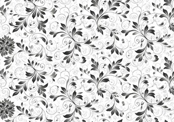 Elegant vintage floral seamless pattern. Black and white damask background with intricate leaves and flowers. Ornate baroque style luxury decorative illustration