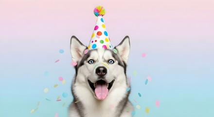 Happy Siberian Husky dog with blue eyes wearing a colorful party hat, celebrating a birthday. Funny pet portrait with falling confetti on a pastel gradient background