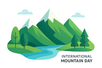 Green mountain valley with river and trees illustration for international mountain day celebrating nature, environment, and world landscapes