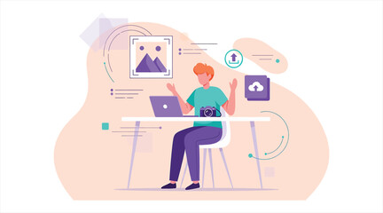 Vector art of a man sitting at a desk with a laptop, camera, and image editing software, uploading images to the cloud, he is a photographer or designer
