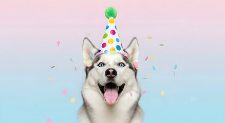 Happy Siberian Husky dog with blue eyes wearing a colorful party hat, celebrating a birthday. Funny pet portrait with falling confetti on a pastel gradient background