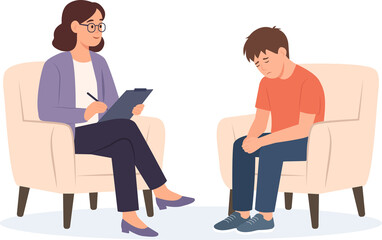 Male teenager patient talks with male psychologist. Psychotherapy session. Teen problems. Mental health. Vector flat illustration isolated on the white background.