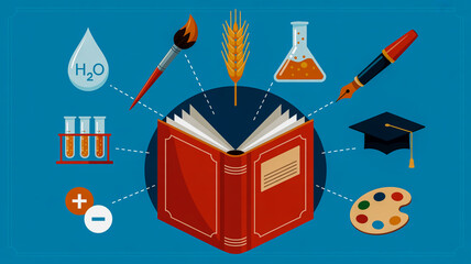 Open Book Surrounded by Icons Representing Education and Science learning