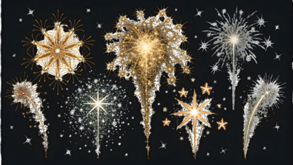 Collection of Golden and Silver Fireworks Bursts explosion sparkle