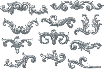 Set of ornamental decorative elements, floral and leaf motifs, swirling patterns, classical vector design, baroque style, elegant embellishments, architectural illustration