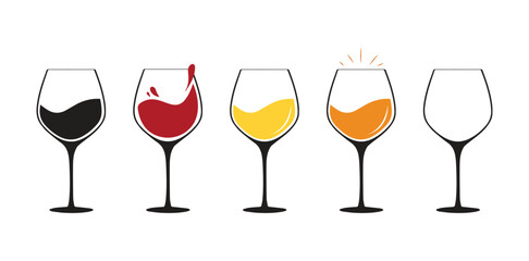 Wine glass with colored wine, different style for tasting flat vector icon for apps and websites