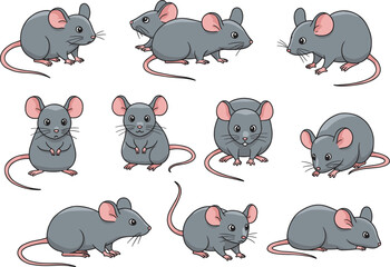 Set of ten cartoon mice, gray rodents, pink ears and tails, cute animal poses, vector illustration, playful expressions, children’s character design