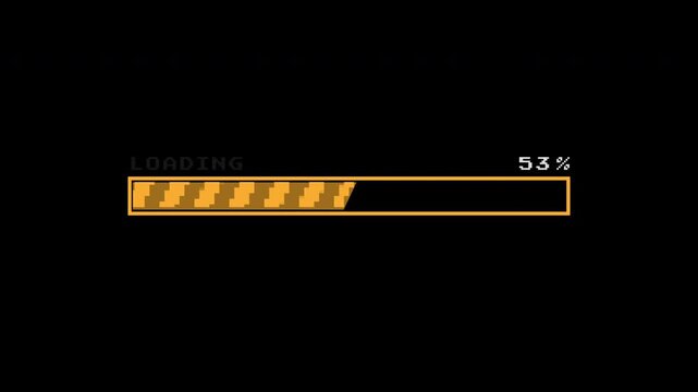 8 bit loading bar animation, pixelated progress, on black background. 4k video.
