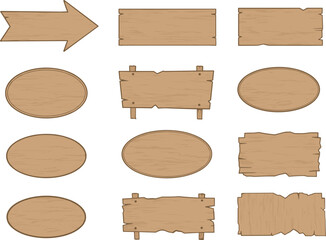 Set of twelve wooden signboards, rustic signage, oval and rectangular shapes, textured wood planks, vector icons, game UI, design elements