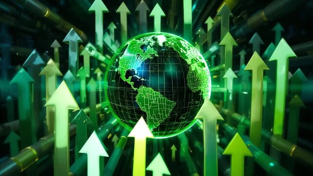 Global business communication network concept with green binary code and fiber optics light spots on a digital world map