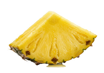 Vibrant golden-yellow crescent pineapple slice with a bite, revealing a juicy, glistening interior & oozing nectar, isolated on a transparent background, macro close-up shot. Concept of fresh juicy