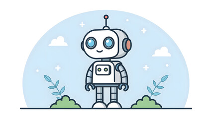 Cute cartoon robot standing in a stylized landscape character android