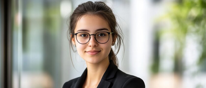 Smiling young woman in glasses professional headshot portrait