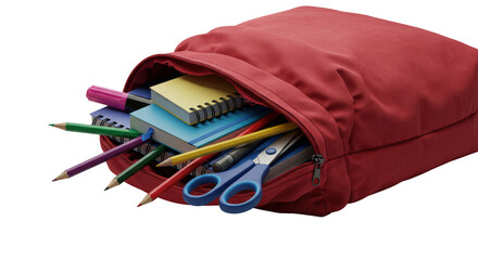 Ripped red nylon backpack, school supplies (colorful pencils, markers, notebooks, scissors) tumbling out, close-up with dramatic chiaroscuro lighting on transparent. Dramatic revelation of common